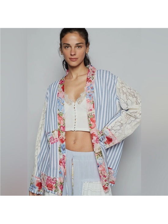 POL Tops - POL Stripe Floral Lace - Open Cardigan Small